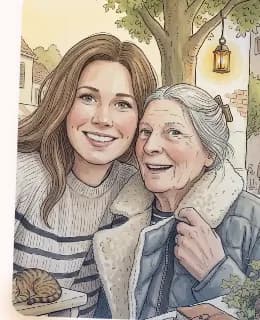Illustratie van een volwassen dochter die glimlachend naast haar moeder zit, onder een boom met een lantaarn