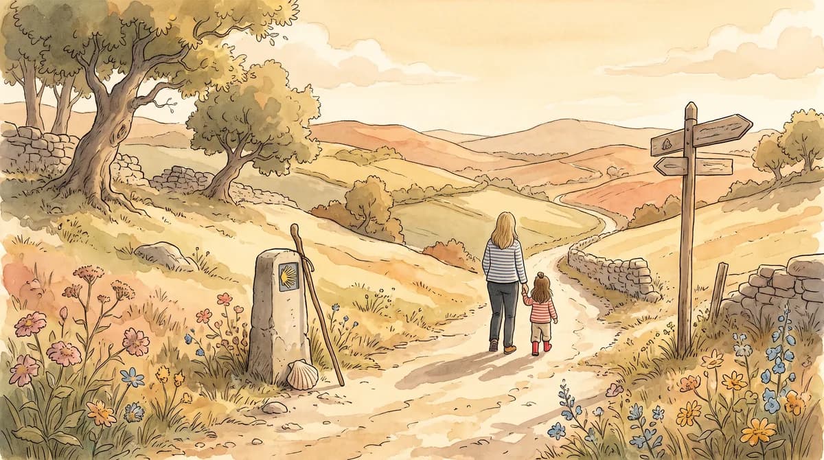 Illustratie van een oma en kind die hand in hand over een zandpad lopen, langs een stenen wegwijzer met een pelgrimsschelp en een wandelstok