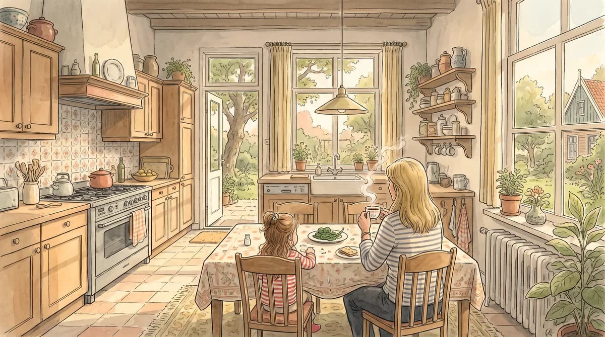 Illustratie van een warme keuken waar oma met een kopje thee aan tafel zit en een kind naast haar aanschuift, met de tuindeuren open naar de tuin