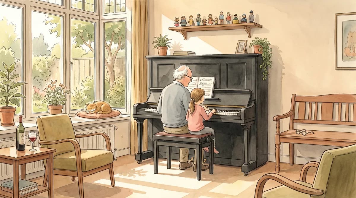 Illustratie van een opa die piano speelt met een kind naast zich op de kruk, terwijl een kat in de vensterbank ligt