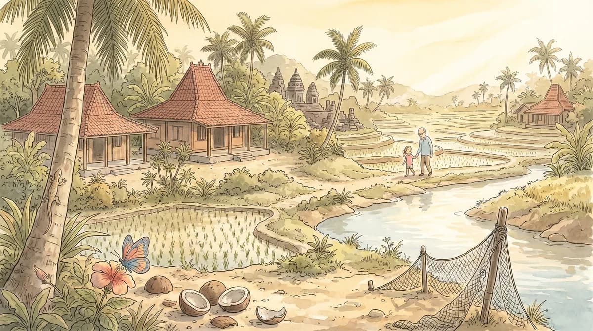 Illustratie van een opa en kind aan de rand van rijstvelden, bij een dorp met pannendaken en een tempel tussen de palmen