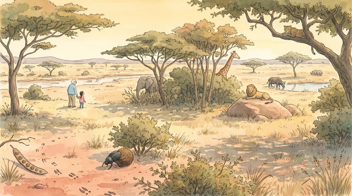 Illustratie van een opa en kind op de savanne, met olifanten, een giraffe en een leeuw op een rots in de verte