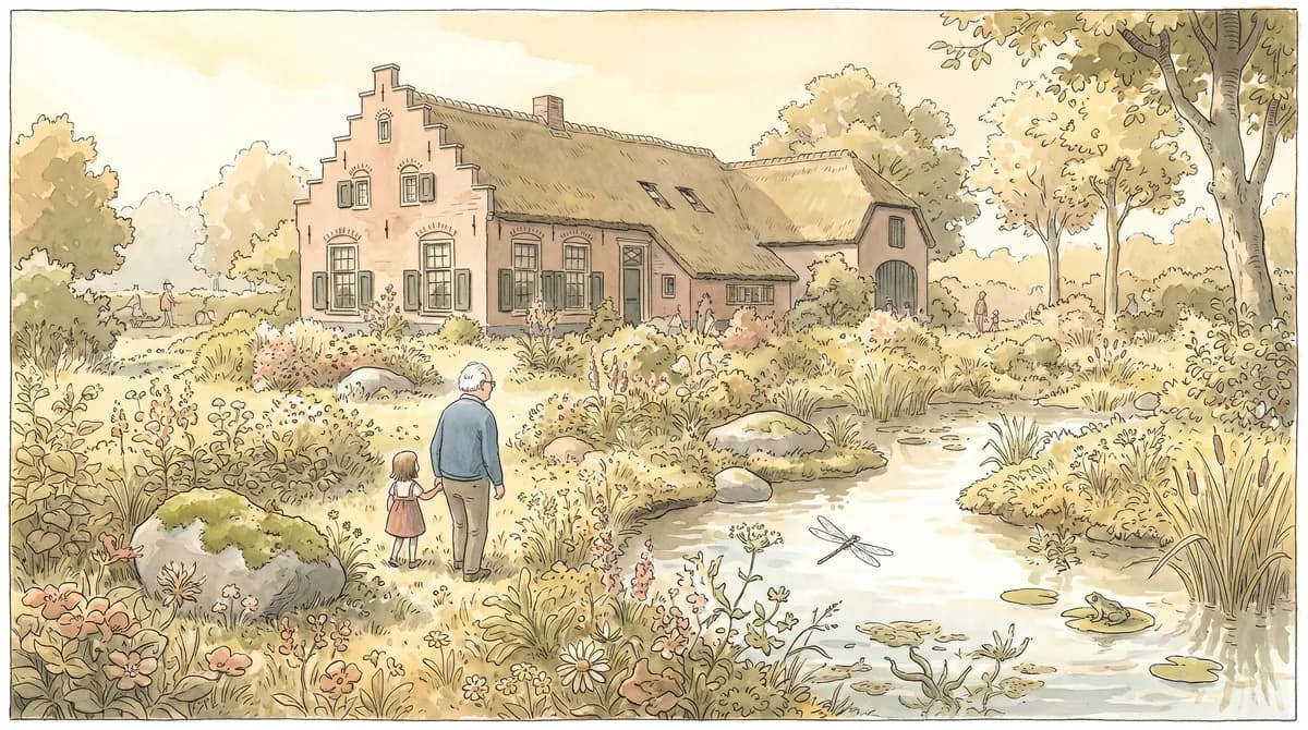 Illustratie van een opa en kind hand in hand in een bloemenrijke tuin voor een oud rietgedekt huis, met een vijver en een libel