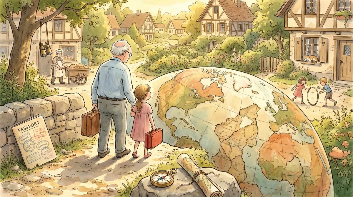Illustratie van een opa en kind met koffertjes voor een reusachtige wereldbol, aan de rand van een dorp met vakwerkhuizen