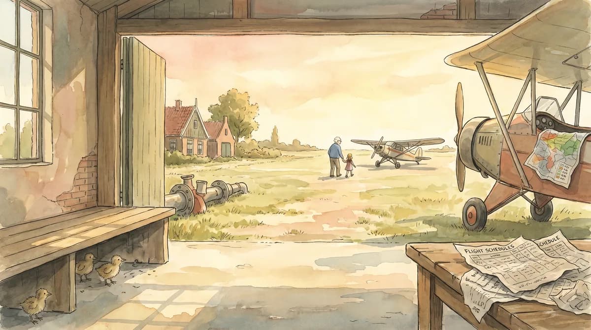 Illustratie van een opa en kind die vanuit een oude hangar naar een klein vliegtuigje op een grasveld lopen