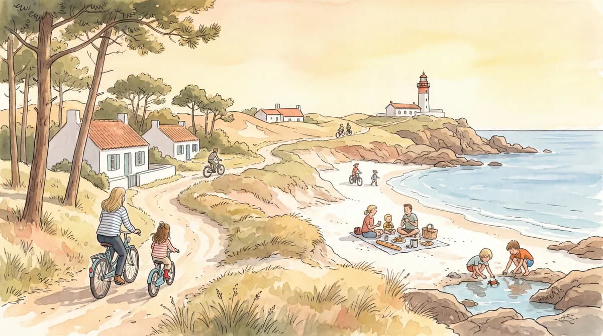 Illustratie van fietsers op een zandpad langs een wit strand met een vuurtoren, en kinderen die krabbetjes zoeken in een poeltje
