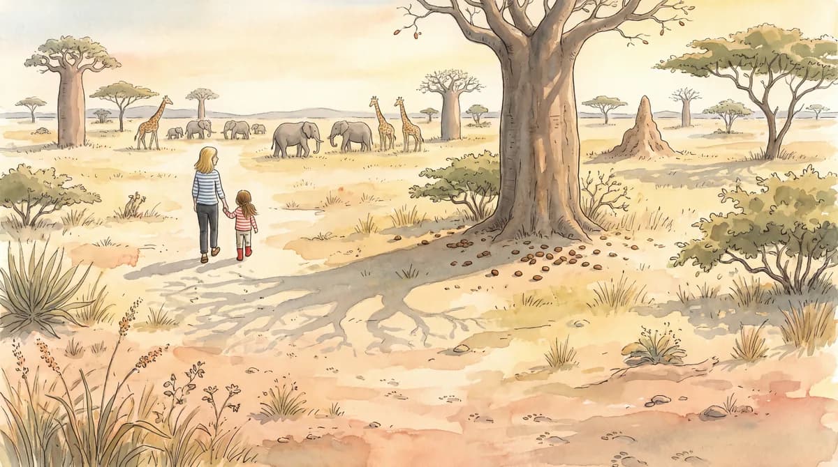 Illustratie van een oma en kind hand in hand op de savanne, met olifanten en giraffen in de verte tussen de baobabs