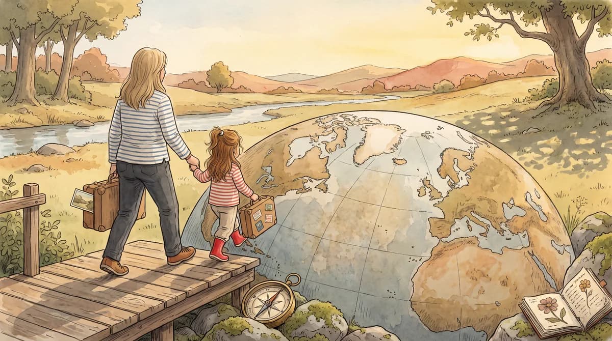Illustratie van een oma en kind met koffertjes op een houten vlonder, die op het punt staan een reusachtige wereldbol op te stappen