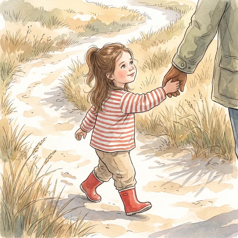 Hetzelfde kind als aquarel-illustratie in prentenboekstijl, hand in hand met een ouder