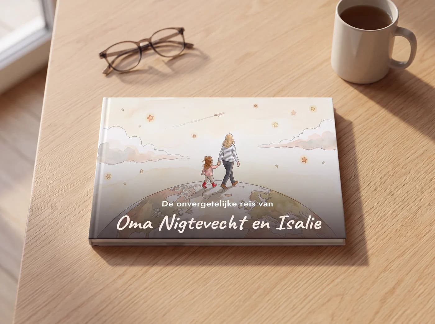 Het gedrukte hardcover ligt dicht op een grote eikenhouten tafel, met een leesbril en een mok thee ernaast, en op de kaft een oma en kleinkind die hand in hand over een wereldbol lopen