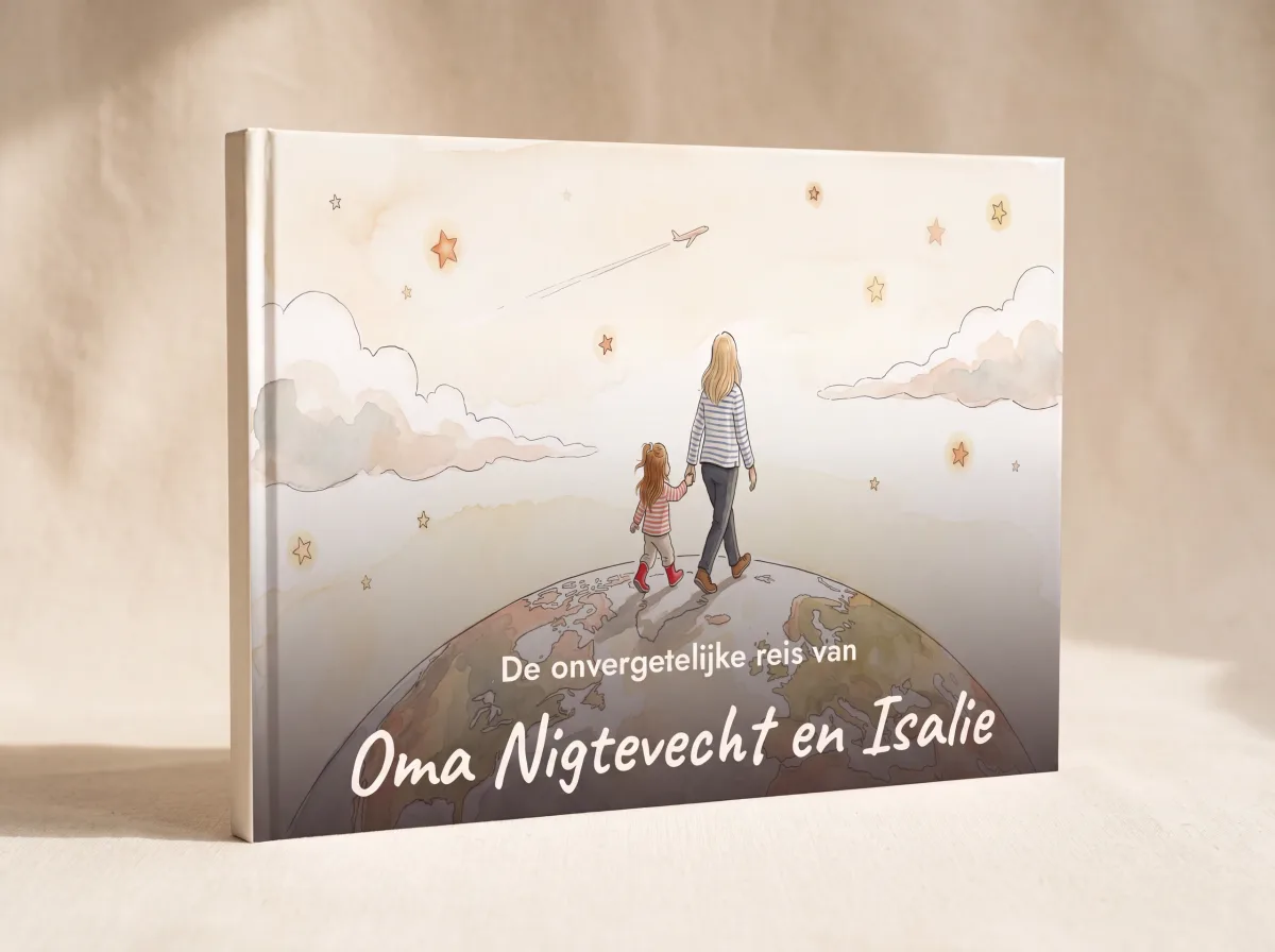Het gedrukte hardcover boek, rechtop, met op de kaft een aquarel van een volwassene en kind die hand in hand over een wereldbol lopen