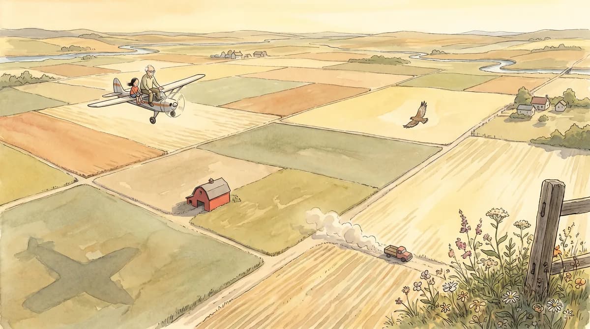 Illustratie van een opa en kind in een klein vliegtuigje boven uitgestrekte Amerikaanse akkers, met een rode schuur diep beneden