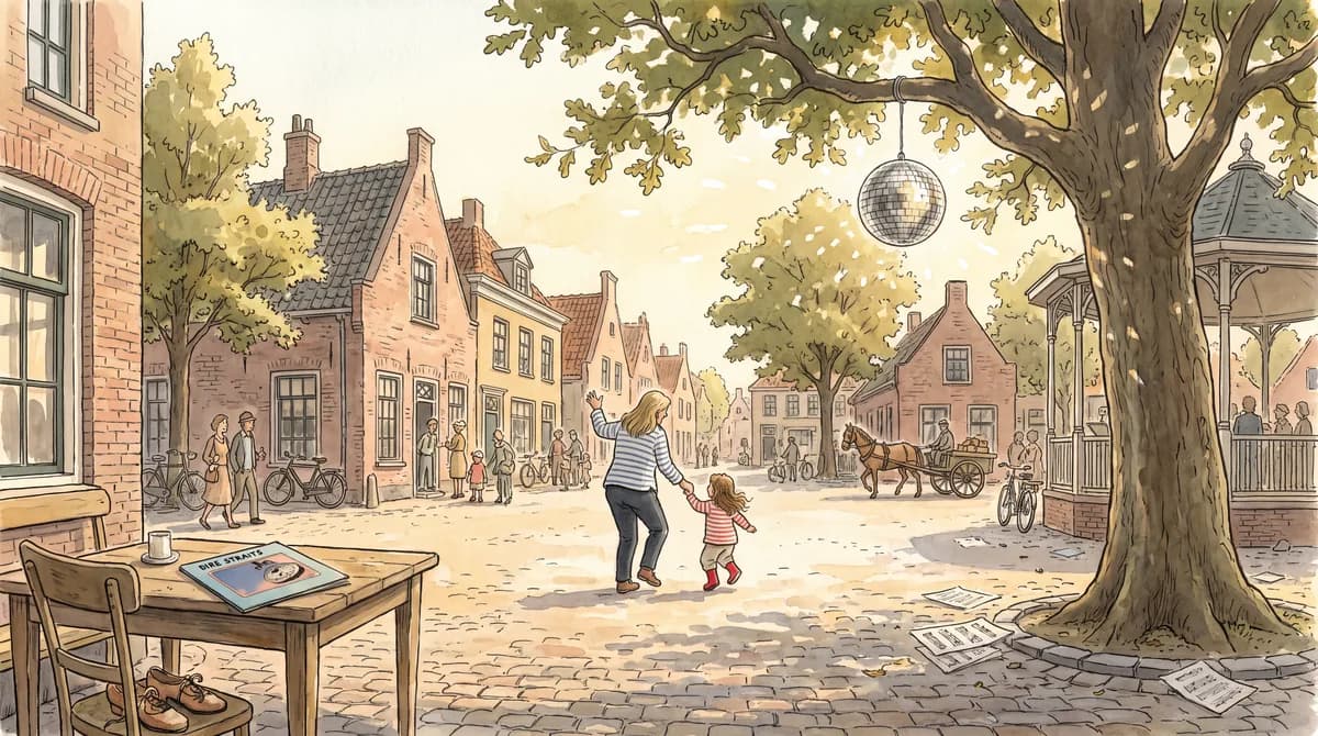 Illustratie van een dansende oma en kind op een dorpsplein onder een discobal, met een plaat van Dire Straits op tafel