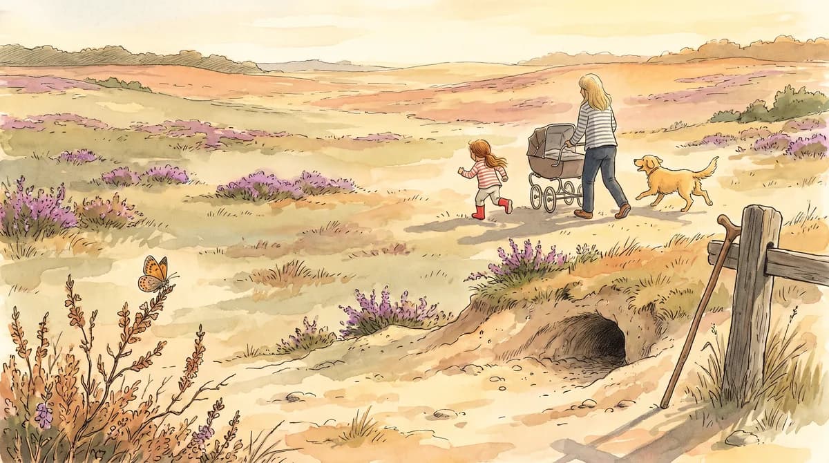Illustratie van een oma met kinderwagen en een kind met rode laarsjes op een paarse heide, met een hond die vooruit rent