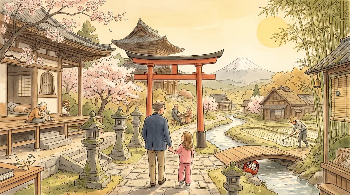 Illustratie van een opa en kind hand in hand bij een rode torii-poort, met bloeiende kersenbomen en de berg Fuji op de achtergrond