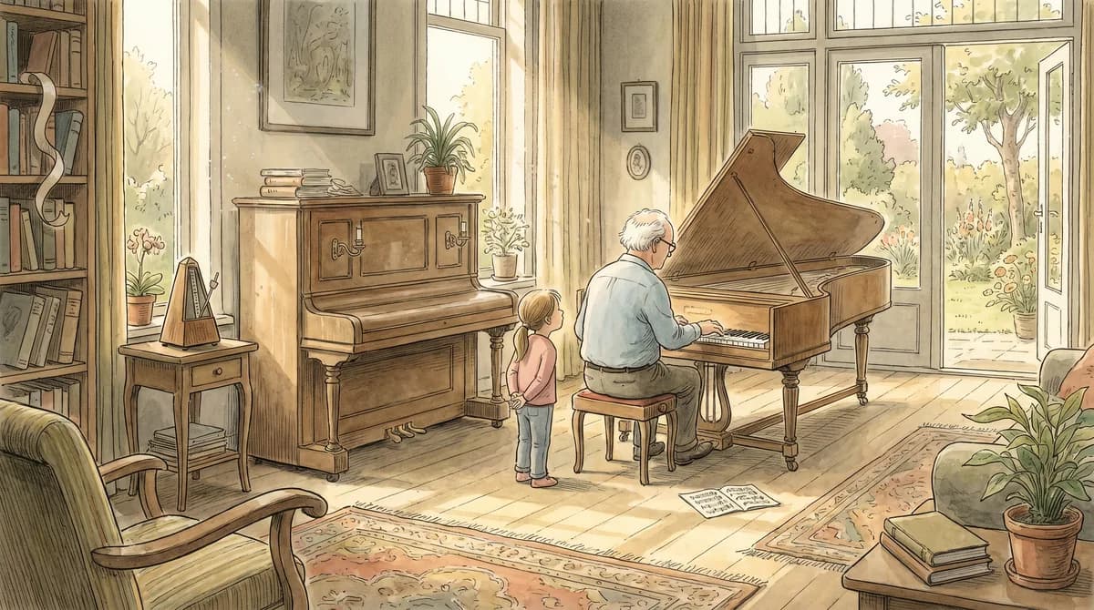 Illustratie van een opa die klavecimbel speelt in een zonnige kamer, terwijl een kind naast hem staat te luisteren