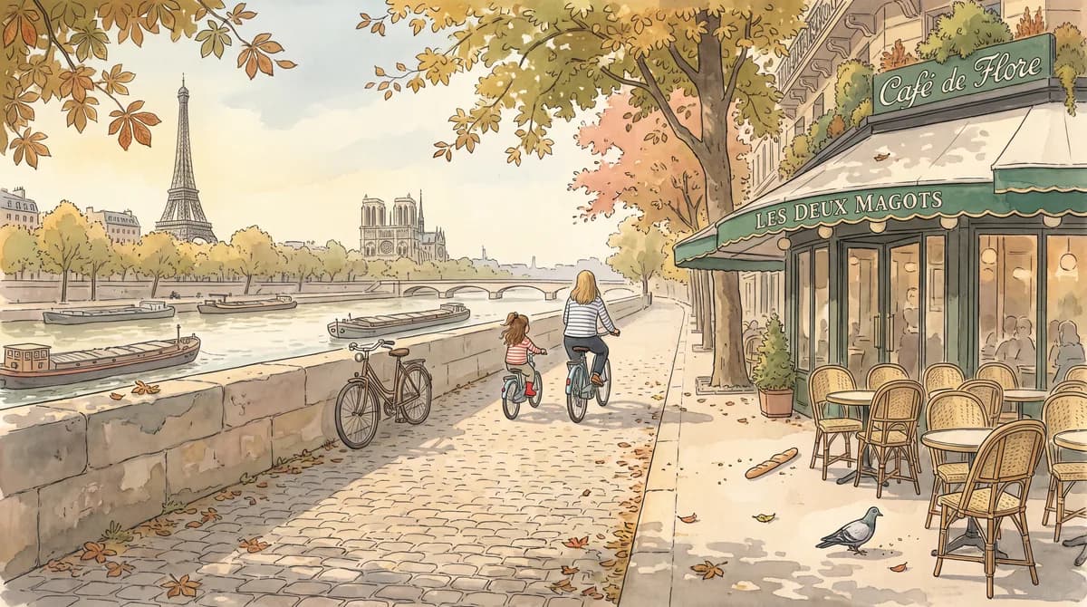 Illustratie van een oma en kind die samen langs de Seine fietsen, met de Eiffeltoren en het terras van Les Deux Magots op de achtergrond