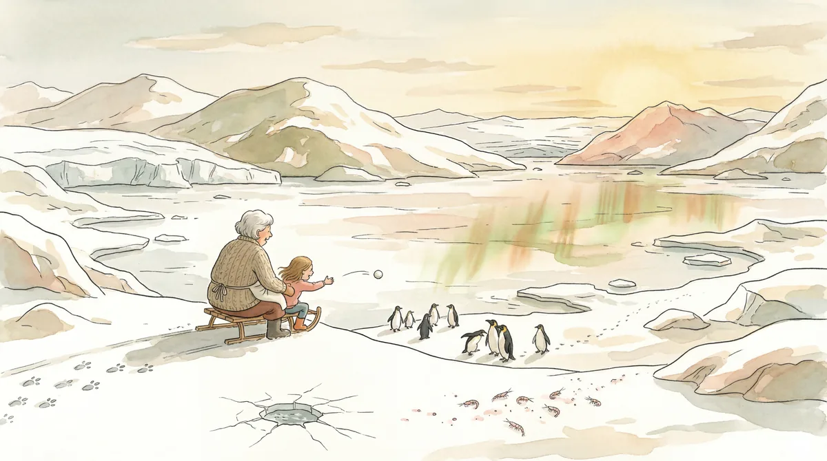 Illustratie van een oma en kind op een slee op de Zuidpool, die een sneeuwbal gooien naar een rij pinguïns onder het noorderlicht