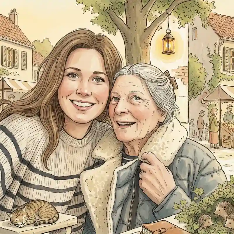 Getekend portret van een kleindochter en haar oma
